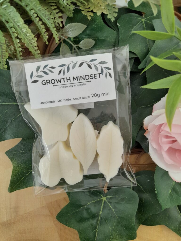 A pack of robson's retreat wax melts. Four leaf melts in a bio degradable bag photographed on leaves and flowers