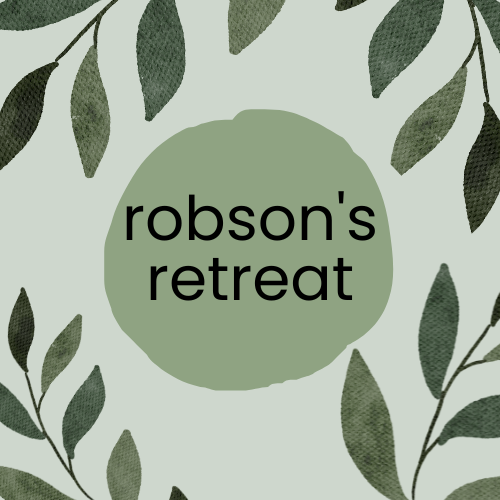 robson's retreat logo. Green square with green leaves around the edge of the square. A green splodge in the middle of the logo. robson's retreat in black text in the middle of the splodge